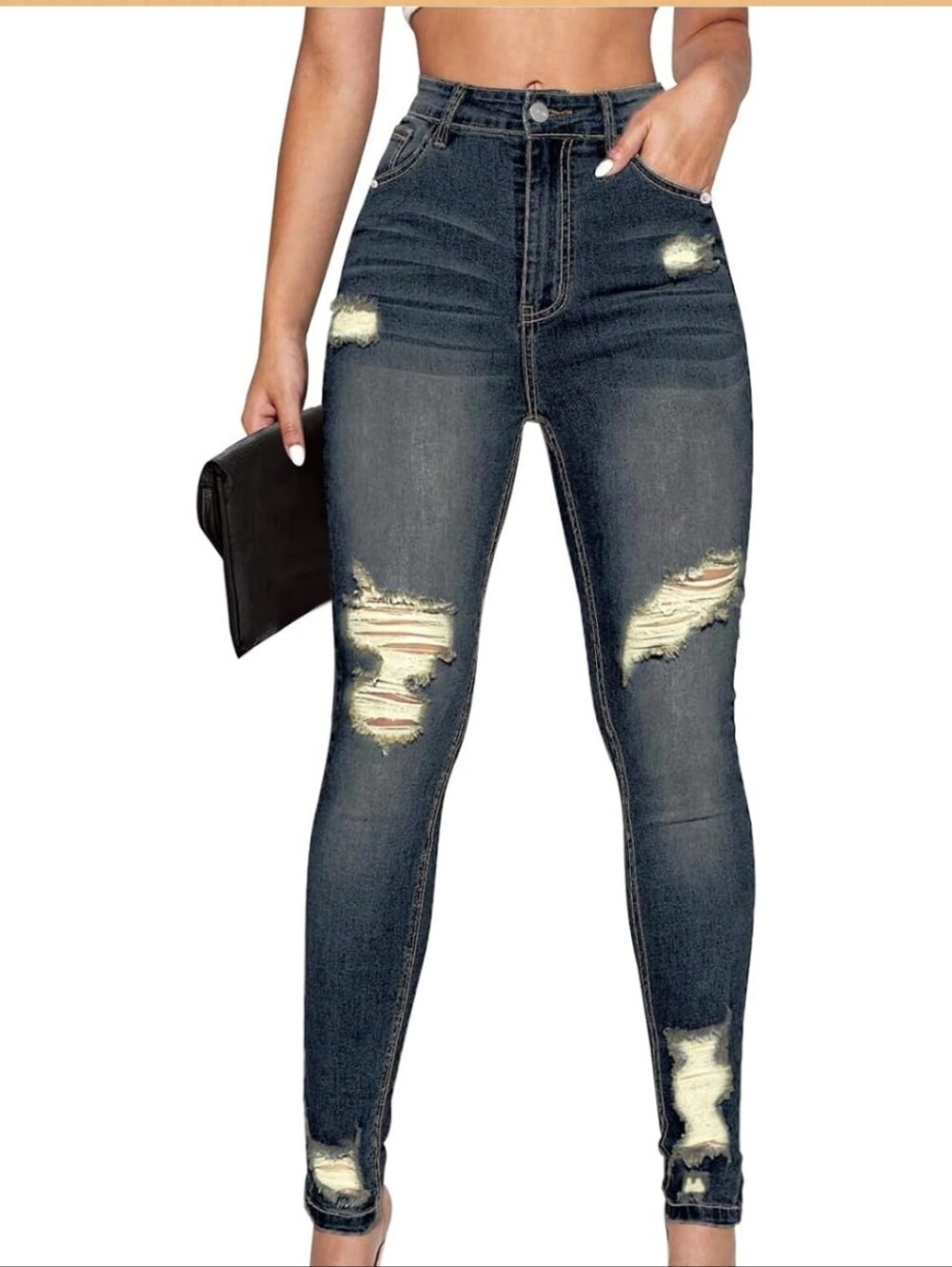 Distressed Skinny Jeans - Washed Blue